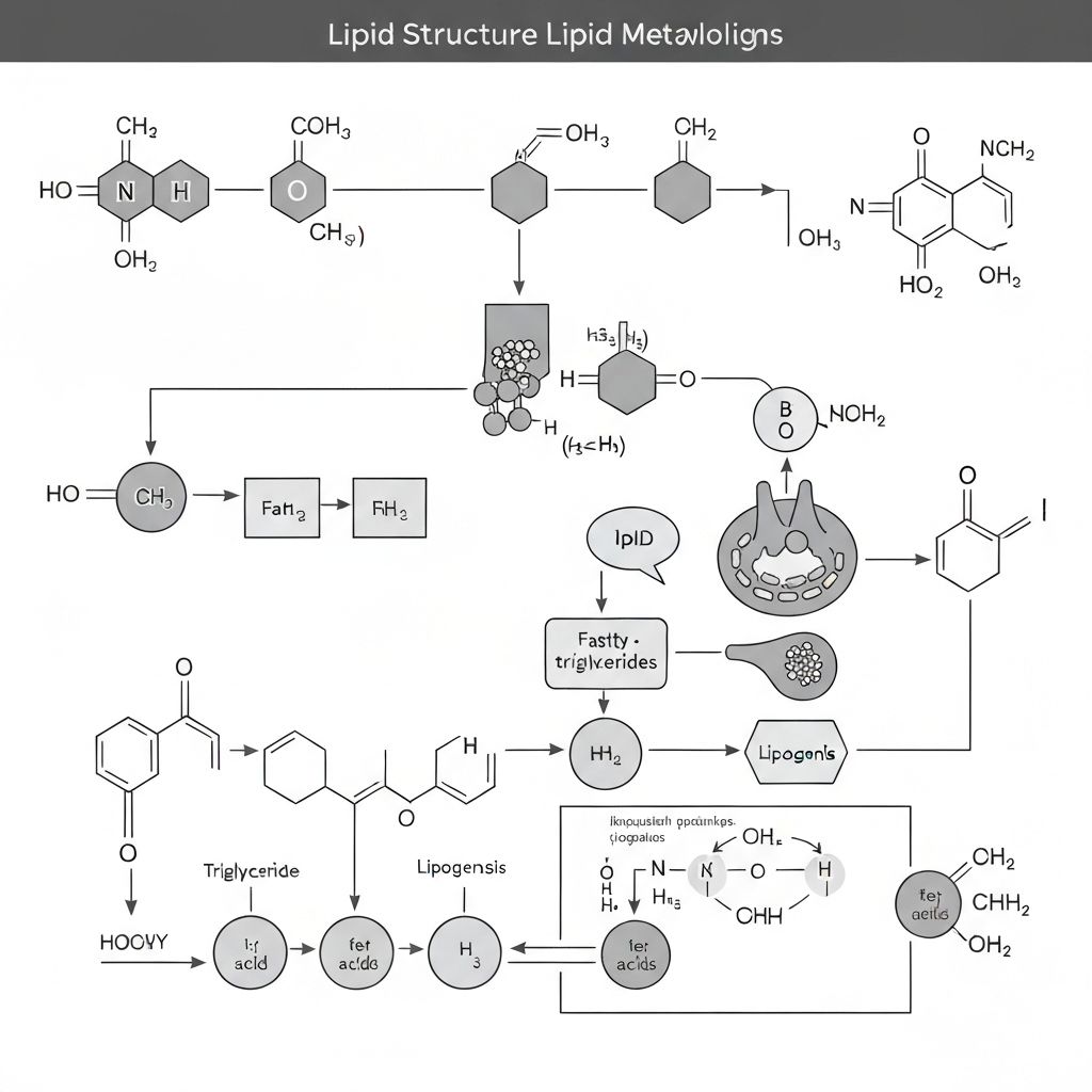 Wissenschaftliche Schemazeichnung von Lipidstrukturen und Fettstoffwechselwegen in minimalistischem Stil