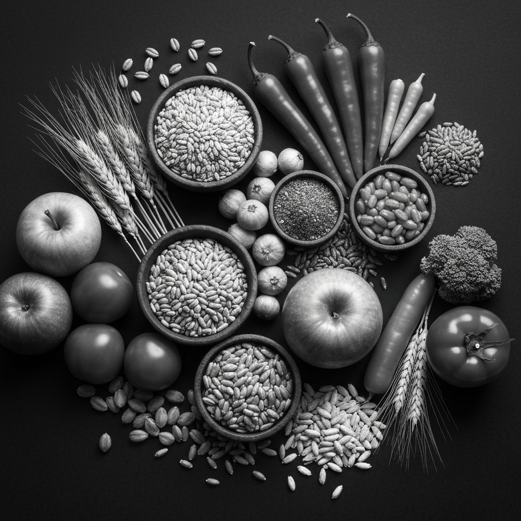 Professionelle schwarzweiße Fotografie von Vollkornprodukten und Kohlenhydratquellen auf Holzoberfläche mit Museumslicht