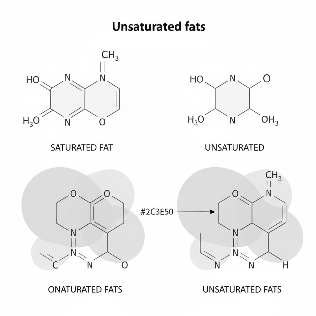 Wissenschaftliche Schemazeichnung verschiedener Fettarten - gesättigte und ungesättigte Fette, Molekülstrukturen, minimalistischer technischer Stil