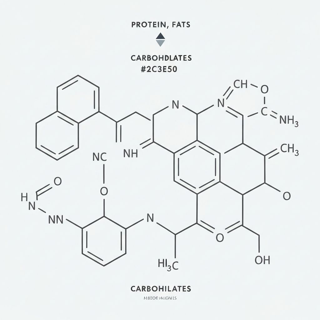 Schematische Darstellung von Makronährstoffen und Molekularstrukturen in wissenschaftlichem Stil
