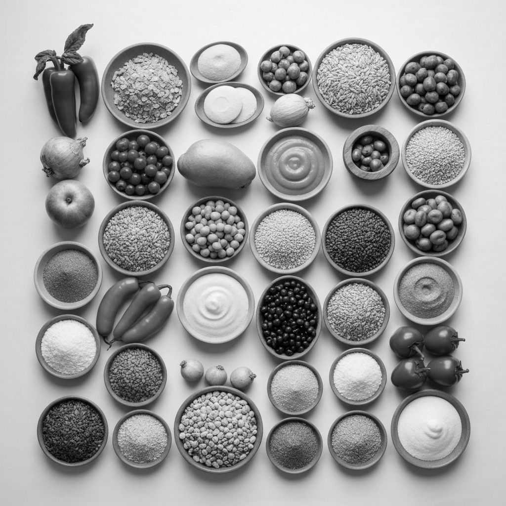 Vielfältige Lebensmittelgruppen einschließlich Obst, Gemüse, Getreide und Protein in künstlerischer Anordnung